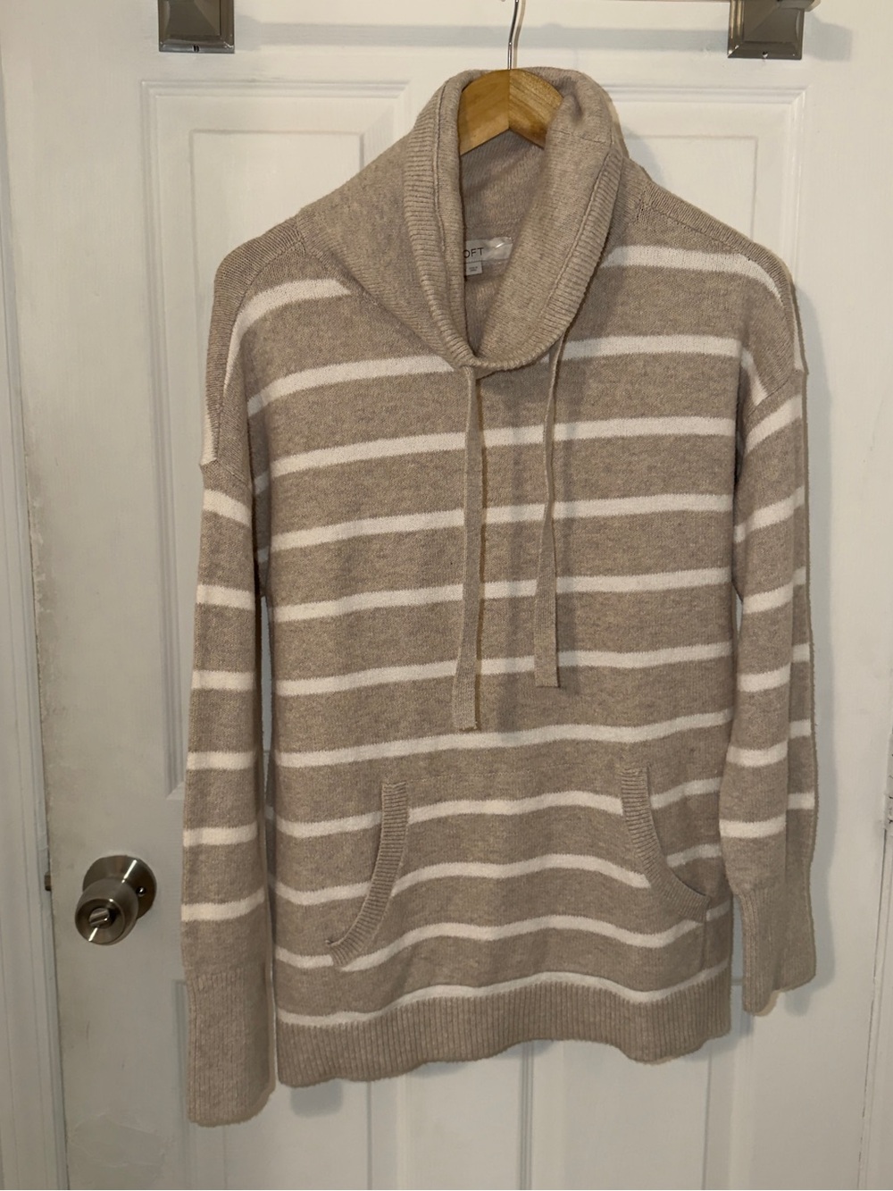 LOFT Taupe and White Striped Turtleneck Pullover